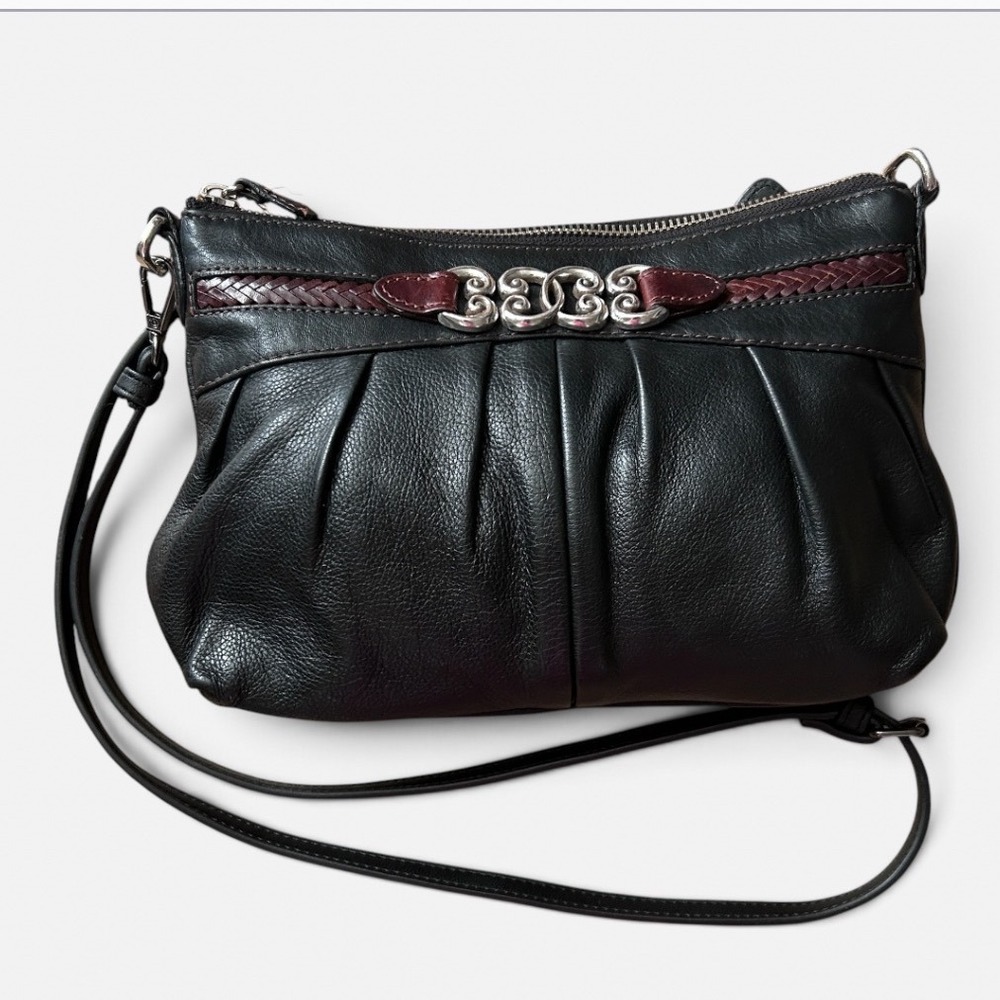 Brighton Balboa Black Leather Crossbody Silver Scroll Medallion Braided Trim Bag